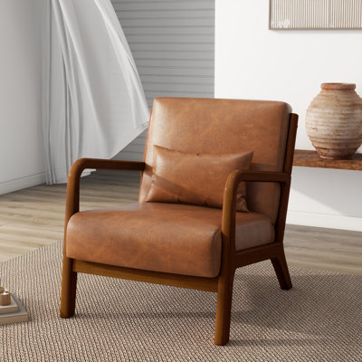 Jyrin 25.8" Wide Mid Century Upholstered Light Brown Faux Leather Solid Wood Accent Chair with an Extra Pillow