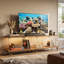 Meuble télé 63 po en verre moderne avec armoire en verre trempé, plateau et base en finition noyer, bande lumineuse DEL multicolore avec télécommande, pieds décoratifs dorés