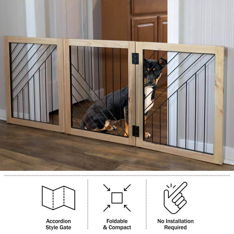 Natural Wood and Black Metal 3-Panel Freestanding Pet Gate