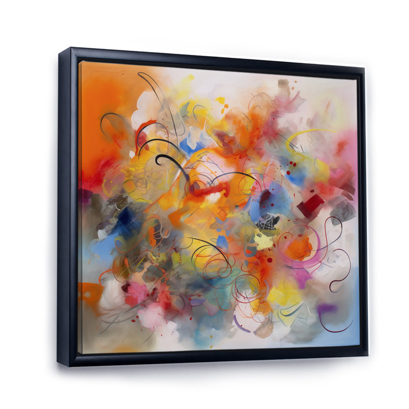Tourbillons colorés bleus, jaunes et oranges III - impression, H 16 po x l 32 po x P 1 po, Cadre flottant noir