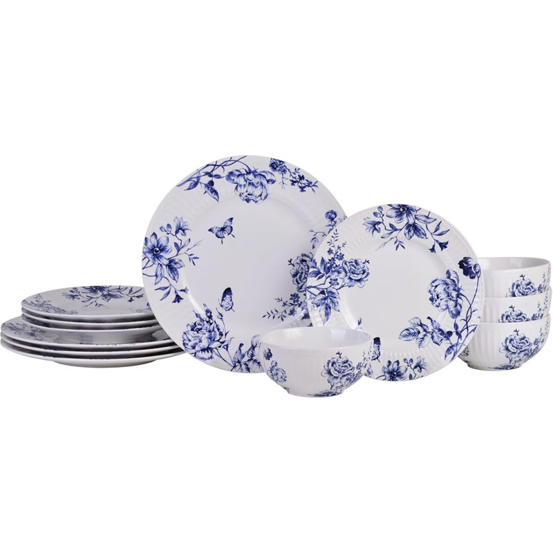 Cassian Blue Floral Embossed Porcelain 12-Piece Dinnerware Set