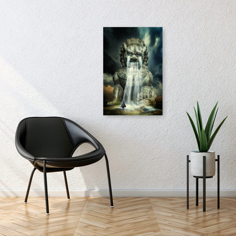 Mystical Guardian Waterfall Dramatic Mystical Serene Dog Lion Landscape Nature Wall Art Print 1 Piece Wrapped Canvas Wall Art