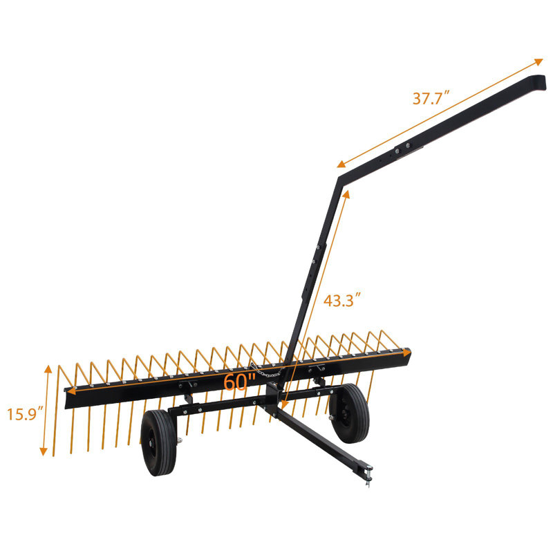 60 Inch Tow Behind Pine Straw Rake for ATV, Lawn Tractor or Mower – 24 Durable Steel Tines – Corrosion Resistant Dethatcher for Pine Needles – Heavy Duty Manual Garden Tool – Black