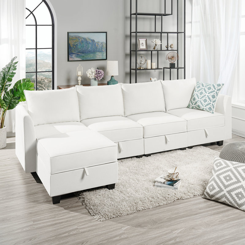 Hailsham Convertible 4 Seater L-Shaped Modular Linen Sofa Sectional with 2 Ottoman for Living Room, White