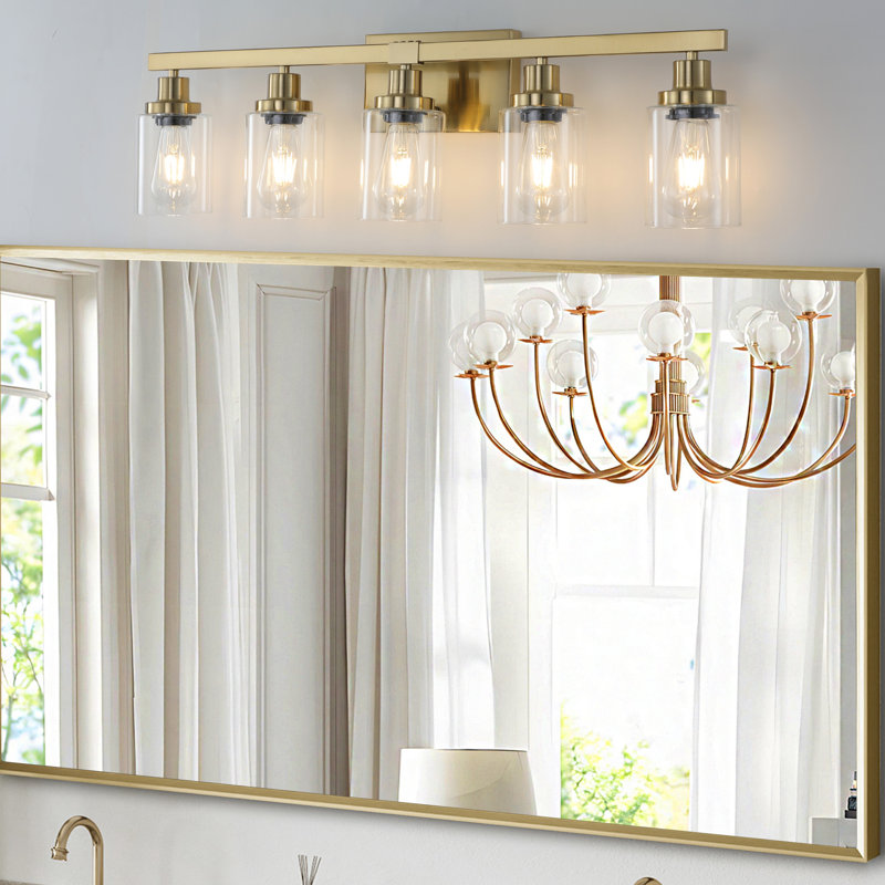 Golden 5- Vanity With Clear Glass, Modern Iron Metal Bathroom Wall Sconce For Mirror, Ideal & Dressing Table, E26 Bulb Compatible  No Bulbs Lamp Glass Shades, Mirror Fixture Table Elegance, Applicable