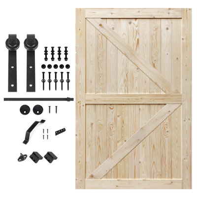 S&Z TOPHAND Unfinished British Brace Knotty Barn Door with Sliding Door Hardware Kit/Solid Wood/Sliding Door/Double Surfaces/A Simple Assembly is Required