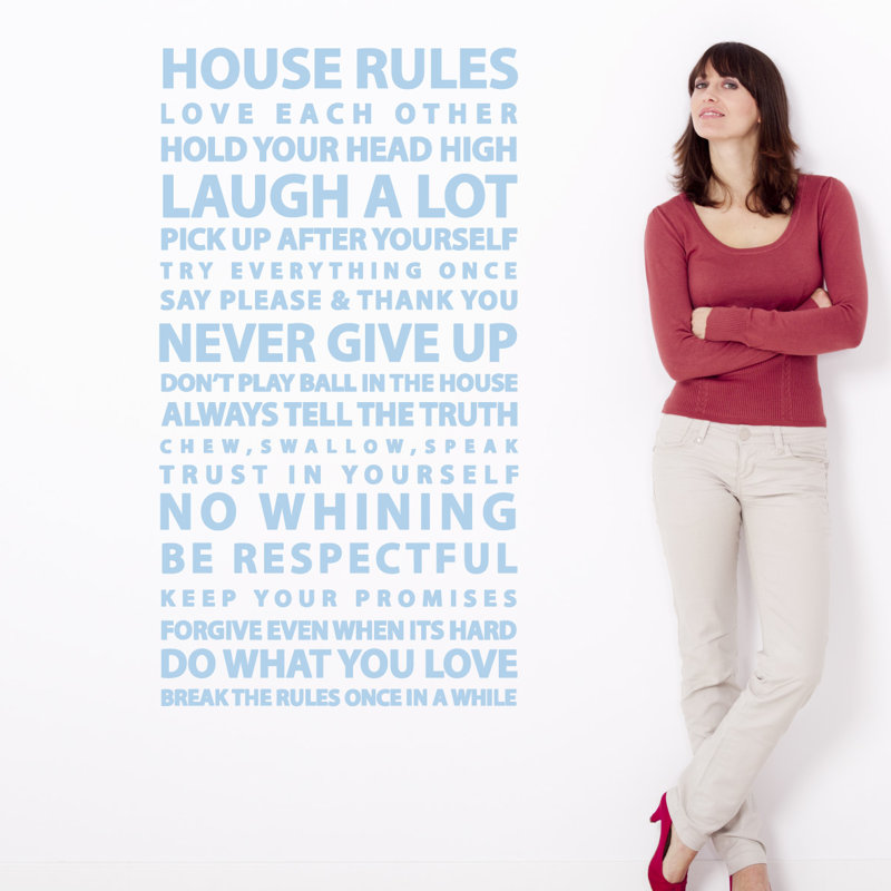 Décalcomanie murale citation "house rules", H 24 po x l 13 po x P 0,01 po, Bleu poudré