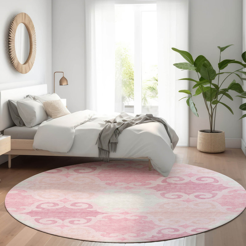 Premium Machine Washable Prisco Pink Rug, Round 8'
