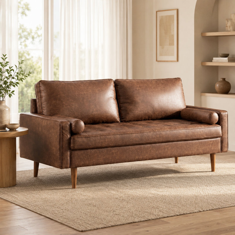 Aisha 70" Faux Leather Square Arm Loveseat, Dark Brown Faux Leather