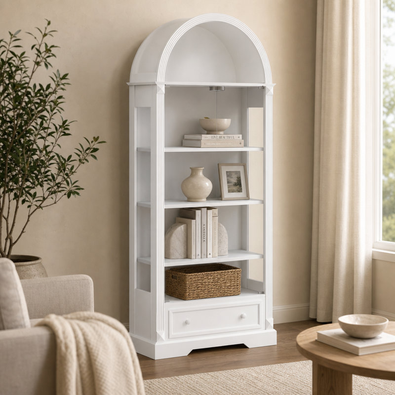 Armoire de rangement cintrée de 180 cm (70,9 pouces) avec portes en verre trempé, éclairage DEL à détecteur de mouvement et tiroirs, idéale pour le salon, la cuisine et la salle à manger, blanche.