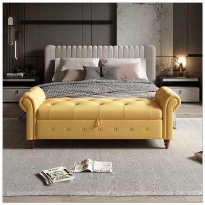 Banc de lit contemporain en tissu avec grand rangement et accoudoirs roulés pour un confort et un style polyvalents