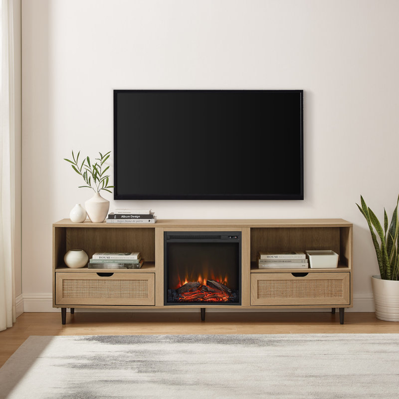 Denmark 70" TV Stand with Electric Fireplace, Coastal Oak