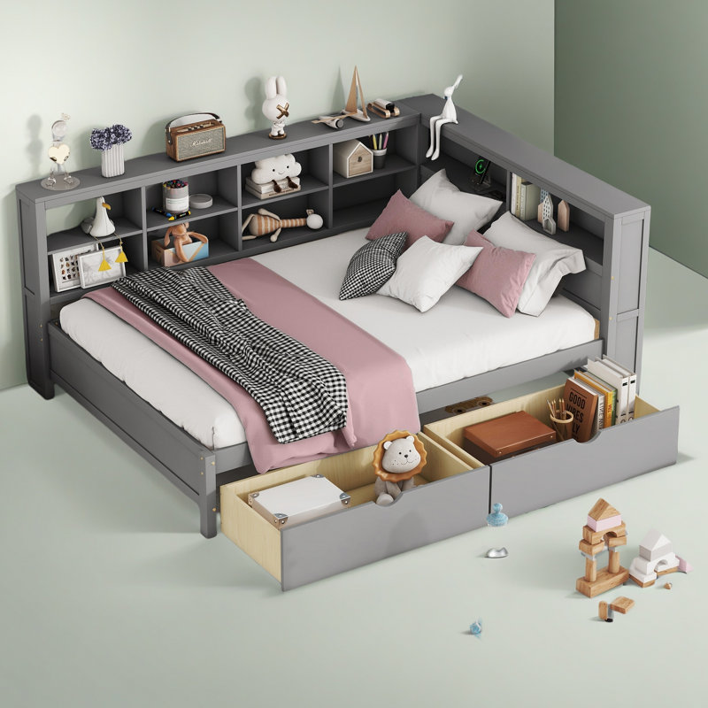 Lit de jour en bois avec 2 tiroirs, lit de jour avec tablette de rangement et ports de chargement USB, Lit double, Gris