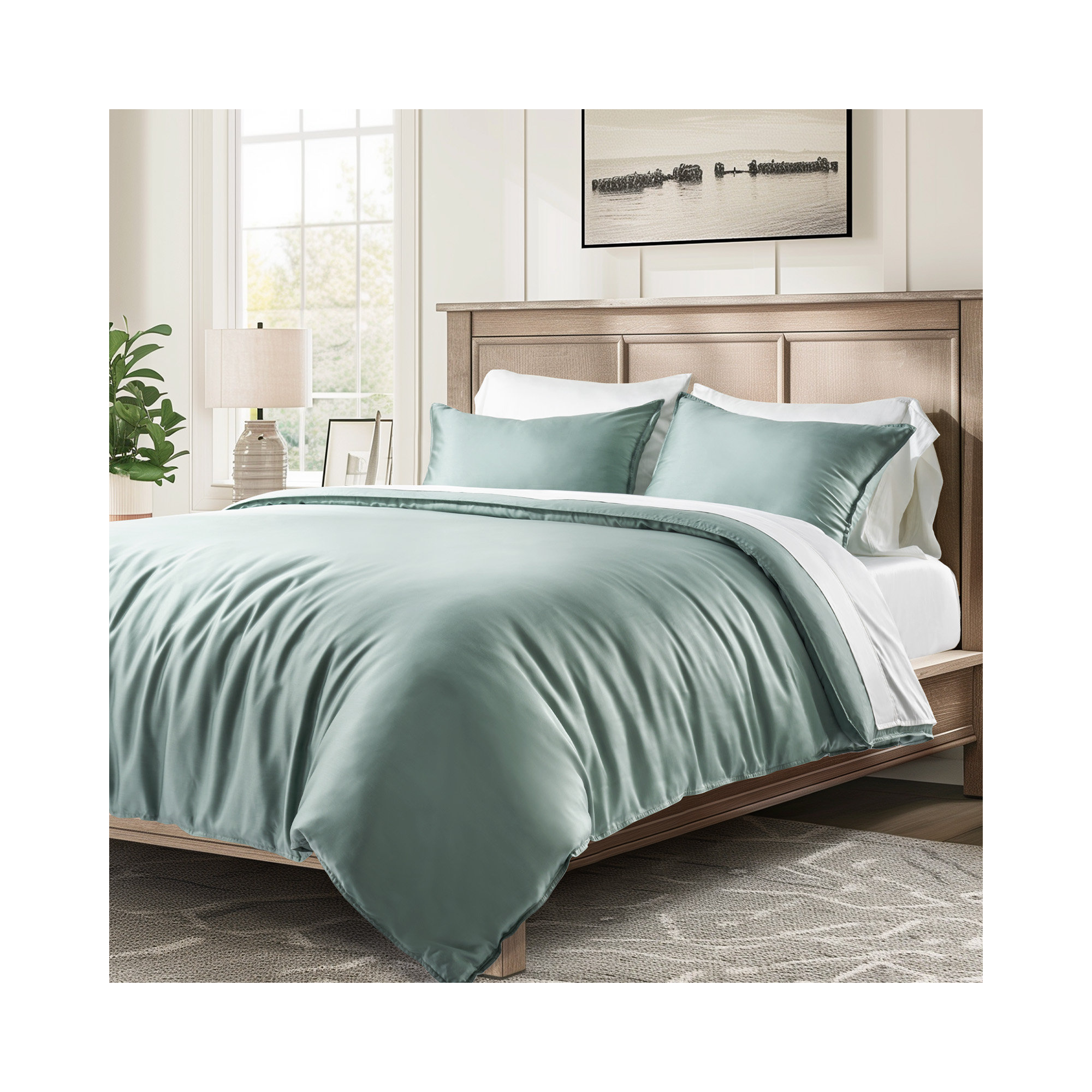 Tencel Lyocell Cooling Duvet Cover Set, Queen Duvet Cover + 2 Queen Shams, Misty Sage Green