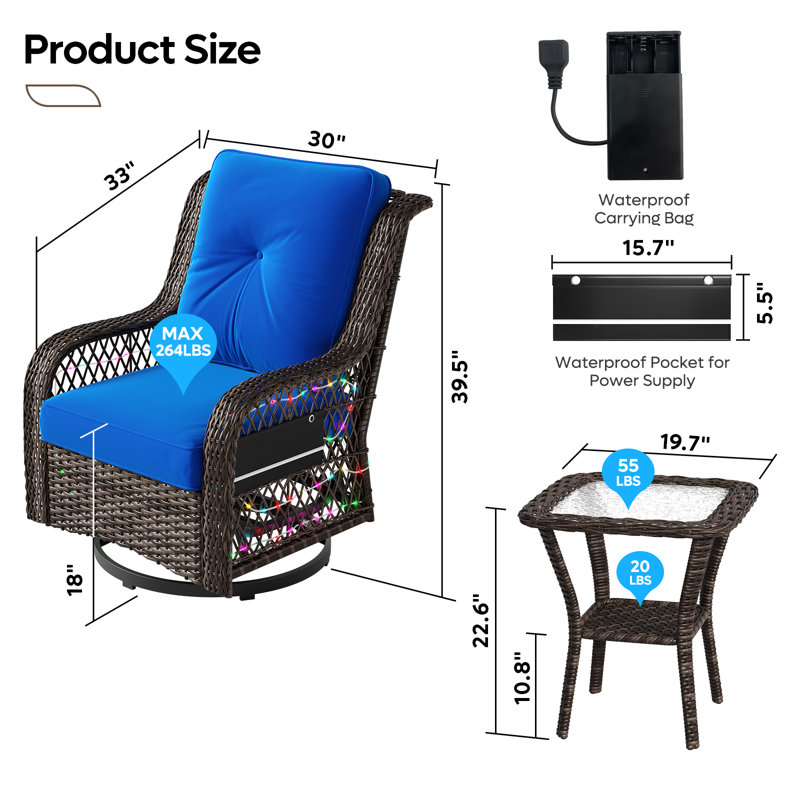 Chaise de patio pivotante avec coussins Kahane, Bleu