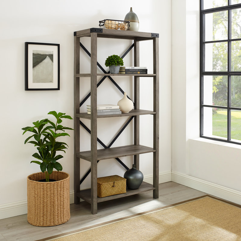 Larenda 64" H x 30" W Etagere 4-Shelf Bookcase, Gray Wash