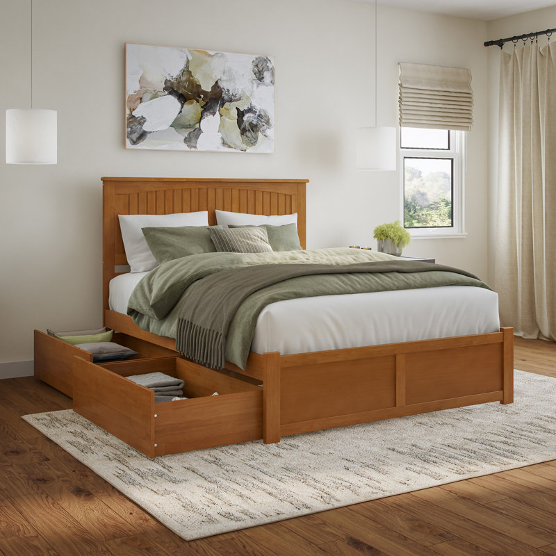 Nantucket Solid Wood Platform Bed with Panel Footboard and Storage Drawers, Light Toffee, Queen