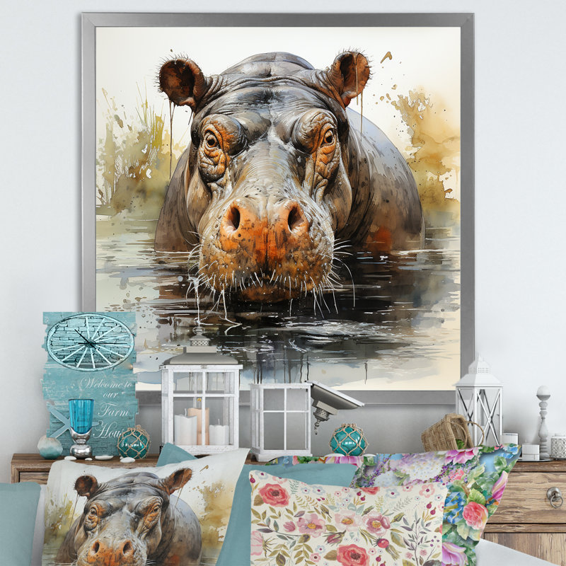 Hippopotame gris et gris, Cadre simple argenté, H 16 po x l 16 po x P 1 po