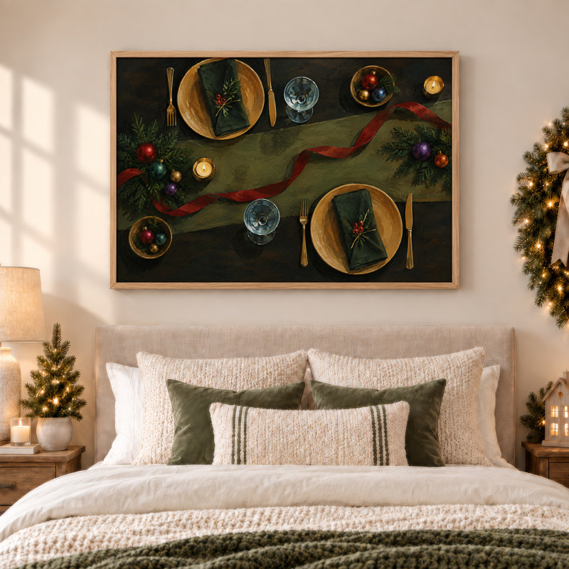 Décoration de table des fêtes avec chemin de table vert et toile de Noël rouge, H 32 po x l 48 po