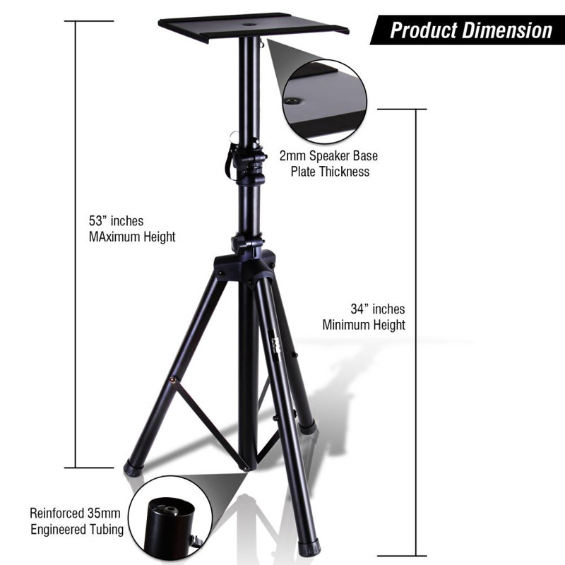 Pyle Adjustable Black Metal Tripod Studio Monitor Speaker Stands, Pair