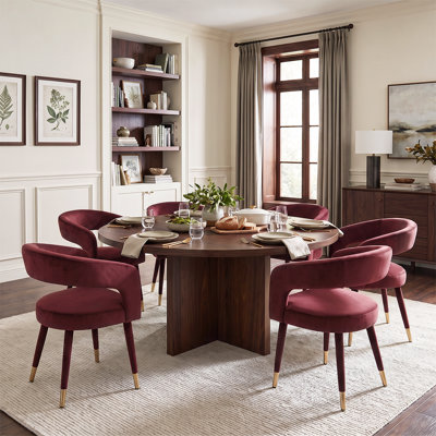 60" Round Wood Veneer Dining Table Set with 6 Velvet Barrel-Back Armchairs