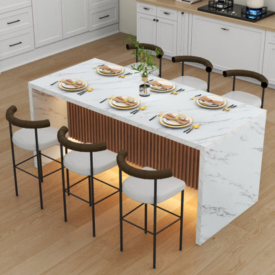 71" Large Imitation Marble Dining Table For 6-8 People(patent Pending), Island Table With Led Lights, Mordern Marble Stripes Kitchen Dining Table With Grille Design For Dining Room,living Room,white