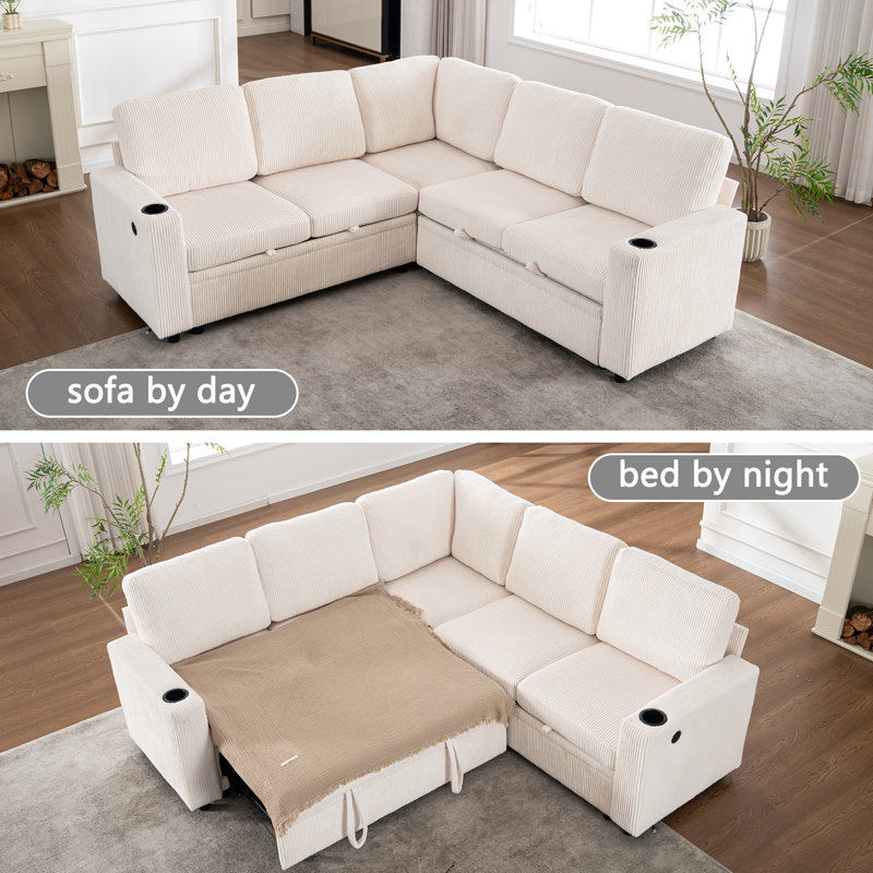 84" Modern Reversible Sectional Sleeper Sofa With Pull-Out Bed, Storage Chaise, USB Ports & Cup Holders, White
