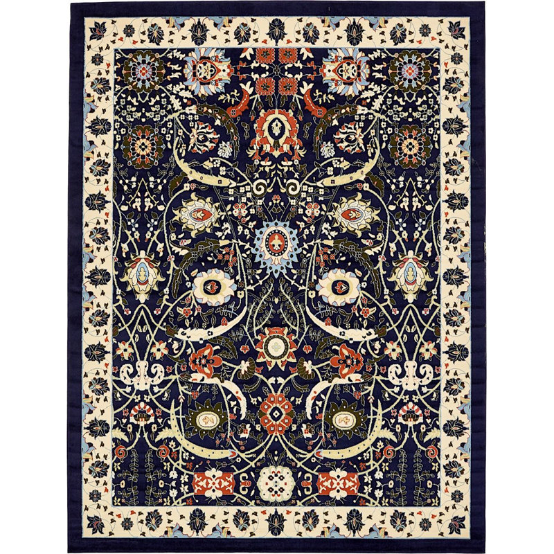 Tapis bleu marine à motif floral Kashan, Rectangle 10 pi x 13 pi