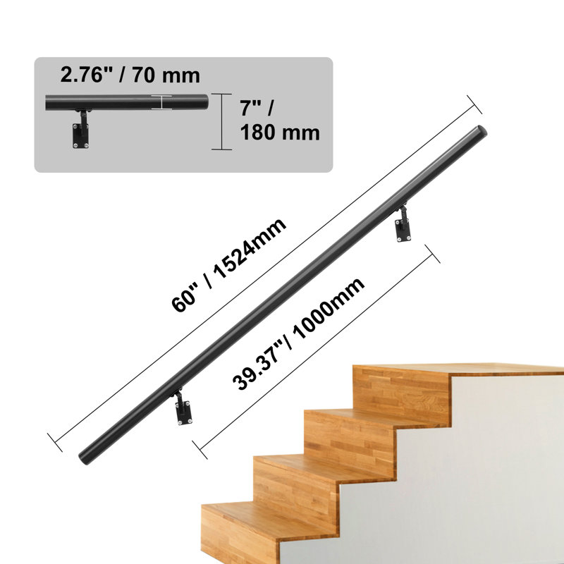 Black Aluminum Alloy Wall Mount Stair Handrail, 60" Length
