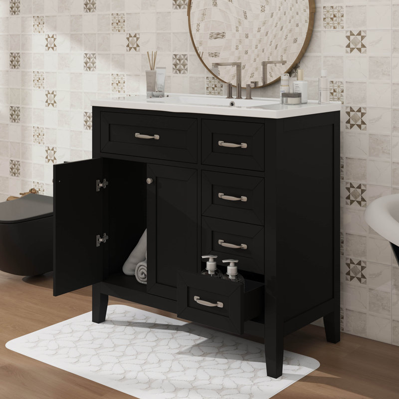 Meuble-lavabo simple 36 po avec tiroirs pratiques, Blanc, Noir