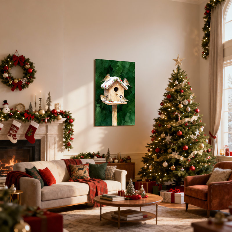 Oiseaux de Noël perchés sur un nichoir enneigé avec baies, ensemble de 3 impressions sur toile, H 18 po x l 12 po