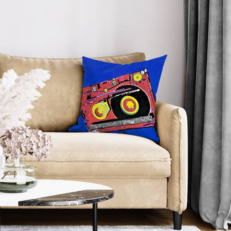 Tape player - 20"x20" Throw pillow - Poly twill - Print on demand, Blue/Red