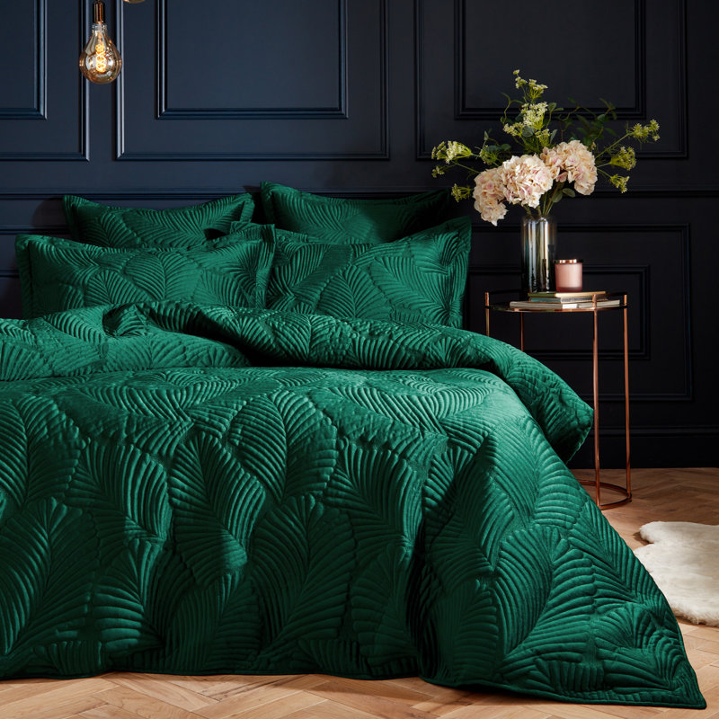 Velvet Floral Duvet Cover Set with Pillowcases, Emerald, King Duvet Cover
