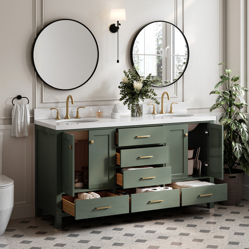 Obando 67'' Double Bathroom Vanity with White Quartz Top, Vintage Green / Satin Brass
