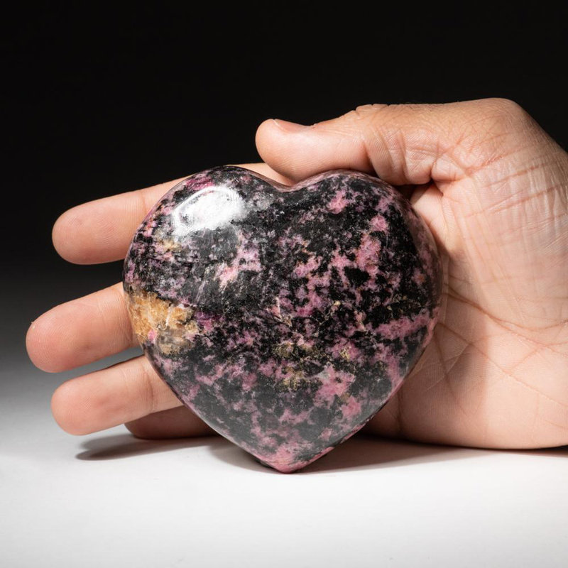 Polished Imperial Rhodonite Heart From Madagascar (400 Grams), 3" H x 1.25" W x 3.5" D, Black/Pink