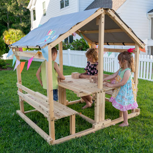 Kids Klubhouse Wooden Playhouse Outdoor Indoor, DIY Backyard Playhouse with Table and Benches