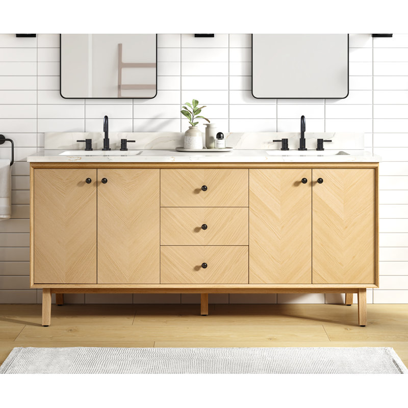 Adele 30'' Free Standing Single Bathroom Vanity with Quartz Top, Natural, Black, 73