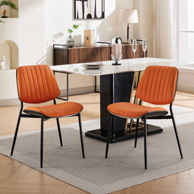 2 Mid Century Dining Chairs In Orange, Pu Leather Covering, Walnut Back, Metal Legs, Ergonomic & Waterproof For Home Of 2, Orange Fabric, Area