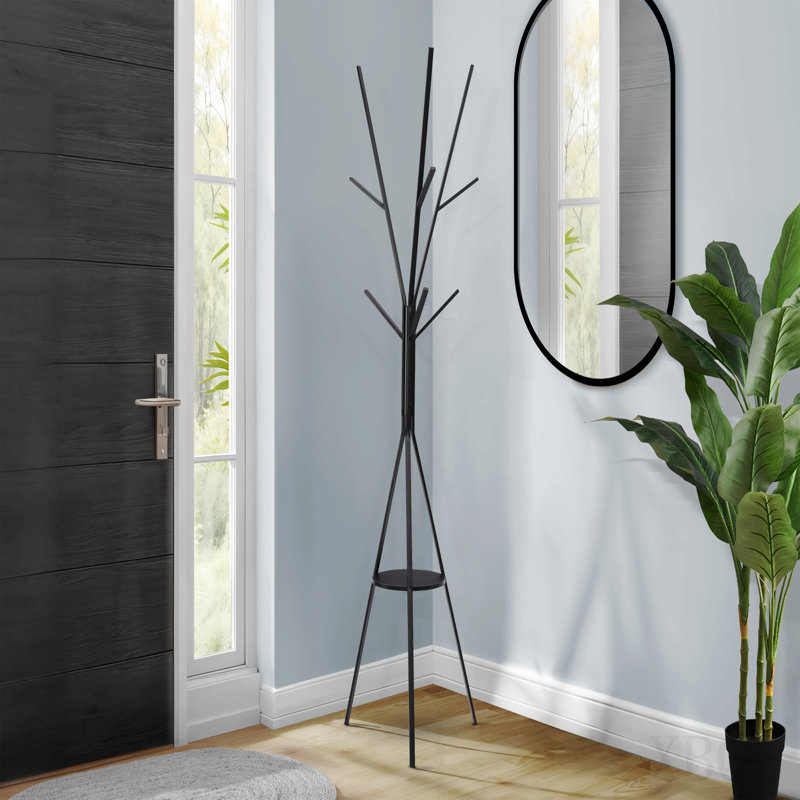 Coat Rack, 72"h, Bedroom, Entryway, Hall Tree, 6 Hooks, Black Metal, Contemporary, Modern, Black