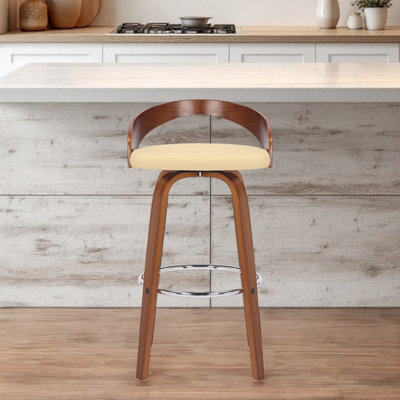 30" Cream And Brown Faux Leather And Solid Wood Swivel Low Back Bar Height Bar Chair