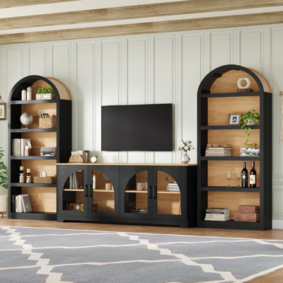 Ensemble de meuble télé 3 pièces avec bibliothèque pour téléviseur de 70 po ou moins, centre de divertissement bicolore en grain de bois avec design arqué, buffet de ferme avec portes en verre trempé pour le salon