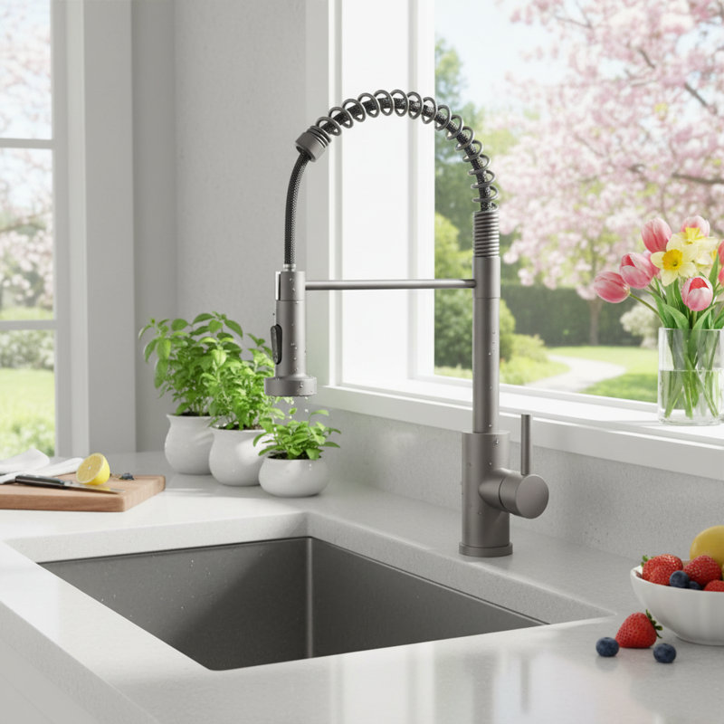 Single Handle Kitchen Faucet with Pull Down Sprayer, Stainless Steel Utility Sink Faucet for RV Laundry Utility Room, Gray