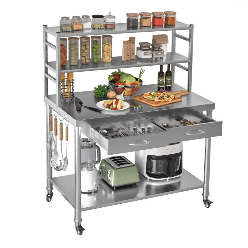 Stainless Steel Table With Shelves And Drawer