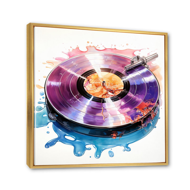 Reproduction de vinyle mauve sur toile, Cadre flottant doré, H 36 po x l 36 po x P 1,5 po