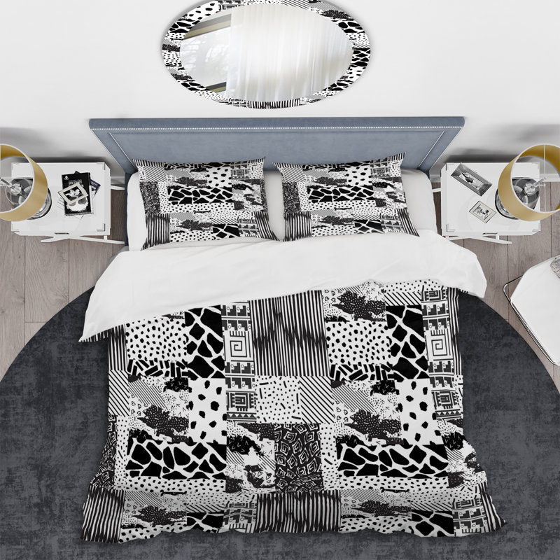 Patchwork blanc et argent - Ensemble de housse de couette abstrait - Microfibre de polyester