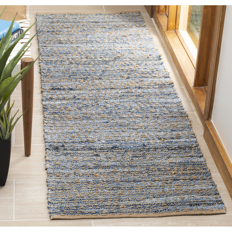 Arria Hand Woven Cotton Denim/0.4 Jute Rug in Natural/Blue, Runner 2'3" x 16'