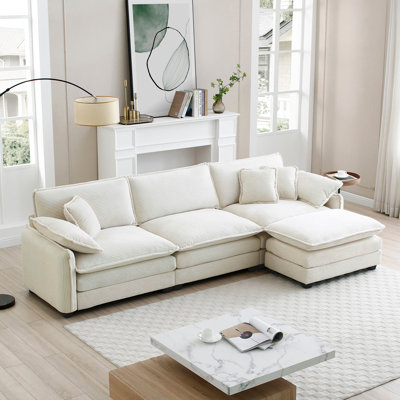 Canapé modulaire en L surdimensionné à 3 places avec repose-pieds, tissu en velours côtelé blanc pour plus de confort et de style dans les salons