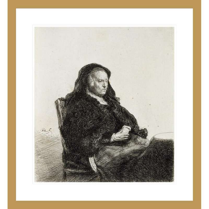 La mère de l'artiste assise à une table par Rembrandt van Rijn - Estampe numérique encadrée, H 25,37 po x l 23,5 po