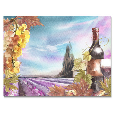 «Bottles and Leaves Of Grapes, A Lavender Field II - Country», reproduction d'art sur toile