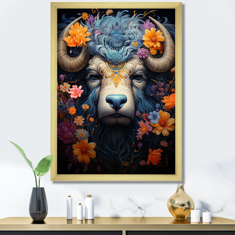 Yak Cosmic Highlanders sur toile, Cadre doré simple, H 32 po x l 16 po x P 1 po